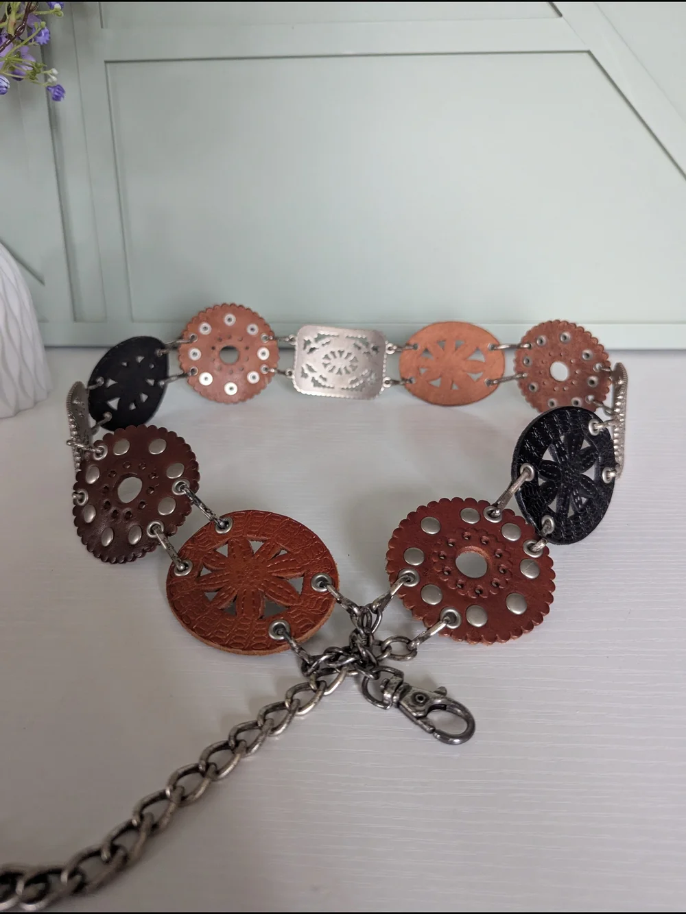 Fossil Brown Suede Cutout Leather Link Belt - Picture 8 of 8